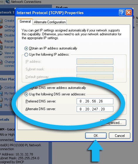 Use the following DNS server Address