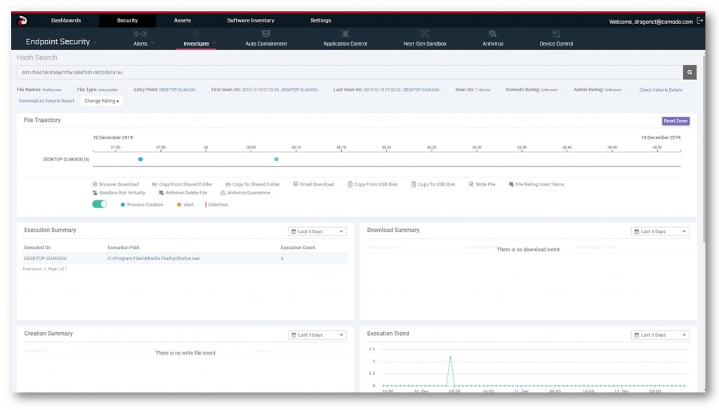 Comodo Cybersecurity EDR Feature Investigate HASH Search